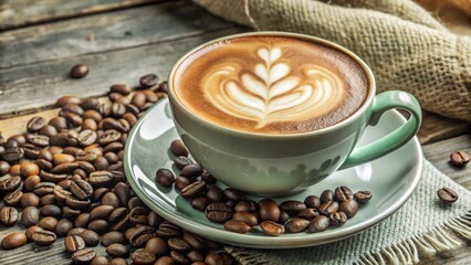 coffee cup, hot with crema, coffee beans, top view, advertisement, space for inscription, poster, billboard, calendar