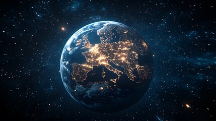 Obraz premium Earth view from space with city lights highlighting Europe at night.