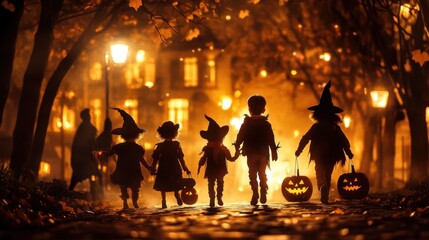 Fototapeta premium Spooky Halloween Night: Children in Costume Trick-or-Treating under Streetlights with Lurking Shadows