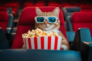 Cat in a movie theater, wearing 3D glasses and enjoying popcorn. The scene captures a playful and whimsical moment of a cat experiencing a cinema-like environment.