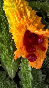 Close-up view of freshly harvested unripe bitter melons (Momordica charantia), on the top one ripe, partially open with red seeds visible. Vertical video. Table spin.
