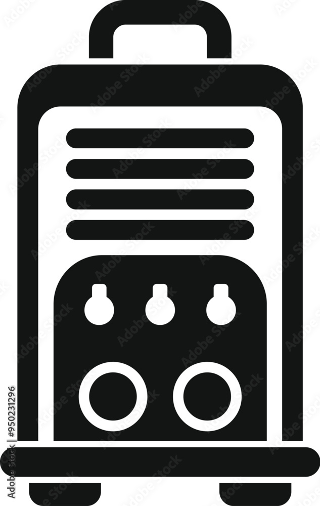 Poster portable welding machine showing control panel with buttons and indicators, front view, in solid bla