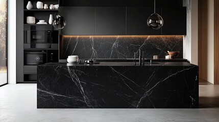 Modern Chic Kitchen Poster: Striking Black Marble Island, Dark Storage, Bright Marble Wall & Elegant White Ceramics – Perfect for Stylish Culinary Spaces!