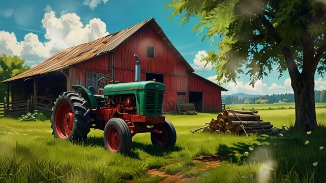 a beautiful digital painting of a vintage tractor in front of a barn with a large field. Seamless looping 4k video animation