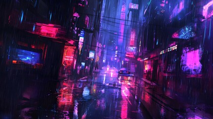 A neon-lit alley in a futuristic city with rain-soaked streets and reflections