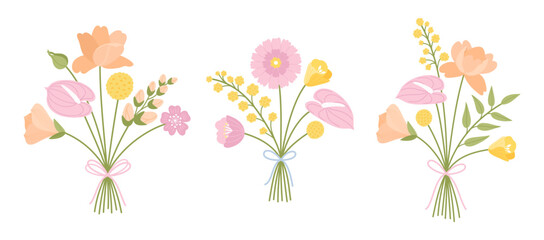 Set of bunch wildflowers. Floral bouquet, vector illustration. Flowers tied with ribbon. Meadow herbs, and wild plants for design projects
