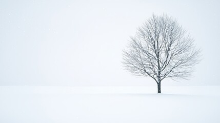 Fototapeta premium A lone tree stands in a snowy field, its branches frosted with white. The background is a soft, muted blue. The image evokes a sense of peace and solitude.