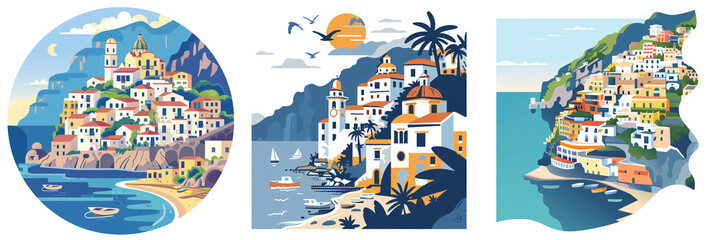 A simple vector icon illustration depicting the group of Amalfi Coast for a website isolated white background
