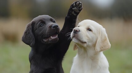 Two playful puppies, one black and one yellow, enjoying a cheerful moment outdoors.