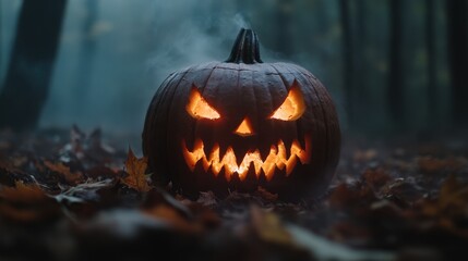 Obraz premium Enchantingly Eerie Halloween Jack-o'-Lantern Amid Misty Autumn Leaves