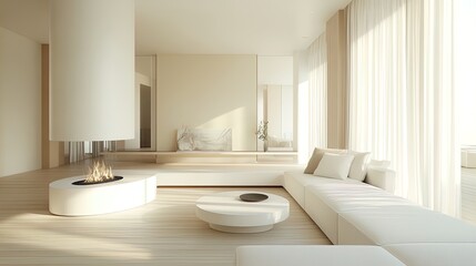 Elegant Sophistication: Contemporary Living Room with Sleek White Fireplace - Perfect Poster for Modern Interior Spaces