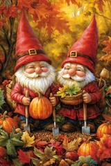 Two smiling gnomes in red hats holding pumpkins and shovels in a fall harvest scene.