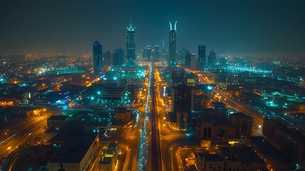 Obraz premium Stunning night cityscape of a modern metropolis with vibrant lights and towering skyscrapers.