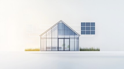 Obraz premium A minimalist white house with large glass windows and a single square window. Sunlight streams through the windows, illuminating the interior.