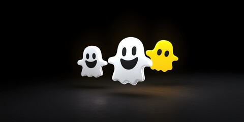 Obraz premium Halloween background, copy space. Cheerful ghost trio floating in mid-air with playful expressions against a dark backdrop, capturing the whimsical spirit of Halloween fun