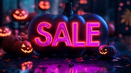 Bright neon sale sign inside a Halloween pumpkin decor, surrounded by glowing jack-o'-lanterns on a spooky night.