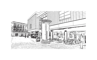Print Building view with landmark of Hanley is the town in England. Hand drawn sketch illustration in vector.