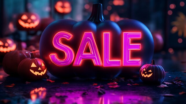 Bright neon sale sign inside a Halloween pumpkin decor, surrounded by glowing jack-o'-lanterns on a spooky night.