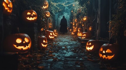 Eerie Halloween Night: Jack-o'-Lantern Alley Leading to Mysterious Figure in Black