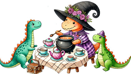 Naklejka premium Small witch dinosaur hosting a tea party with toy dinosaurs.