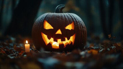 Obraz premium Spooky Halloween Jack-O'-Lantern with Sinister Grin Surrounded by Autumn Leaves and Candlelight Glow