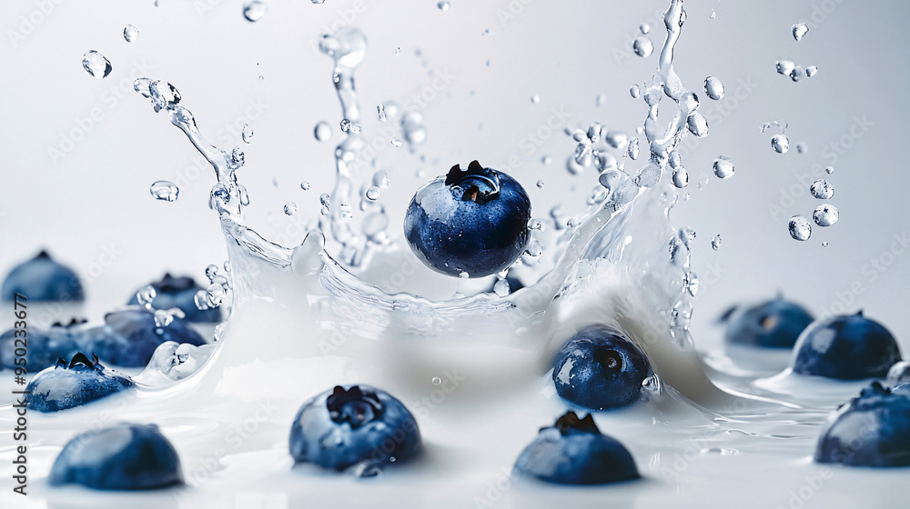 Poster Blueberries Splashing in Milk