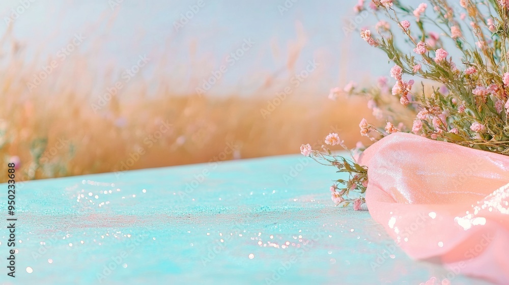 Poster tranquil pastel blue stucco table with gentle wildflowers and iridescent fabric serene field backdro