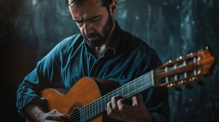 Fototapeta premium Portrait of a musician lost in the moment, playing guitar