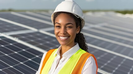African American female engineer smiling near solar panels, renewable energy, solar power, sustainable technology, innovation
