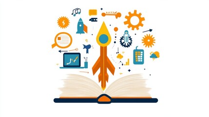 Rocket Launch from Open Book with Icons of Learning and Innovation