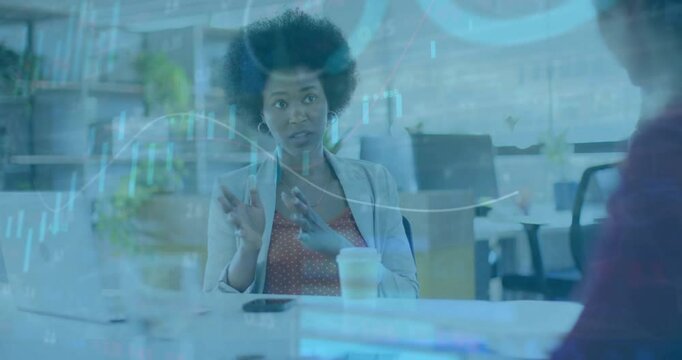 Explaining data trends, businesswoman processing financial data animation in office setting