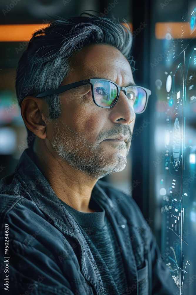 Aufkleber a thoughtful man gazes intently at digital projections, exploring data and technology while standing