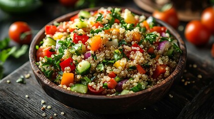 A wholesome quinoa salad with fresh vegetables, presented in a wooden bowl.
