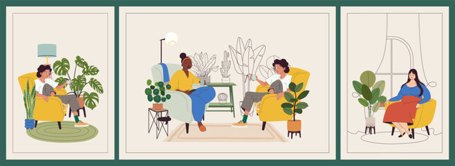 Relaxing in armchairs people in a cozy interior scene. Women and man resting and chatting in interior scenes with furniture, and house plants. Housewarming vector illustration for card, poster.