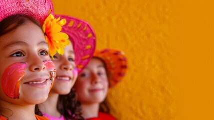 Fototapeta premium Joyful Children from Diverse Ethnic Backgrounds Celebrating International Day of Education Outdoors in Bright Hats, Morning Cheerful Mood