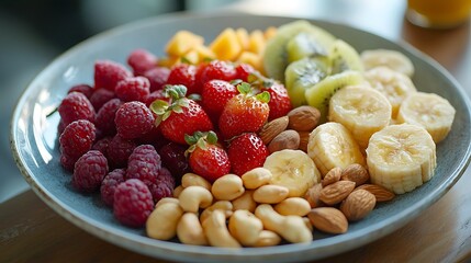 A vibrant fruit and nut salad with cashews, almonds, strawberries, kiwi, and banana.