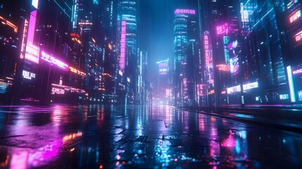 A futuristic cityscape at night with neon accents and glowing reflections on wet pavement