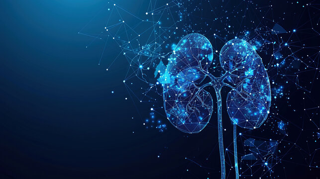 Human kidney in futuristic shape blue low poly, copy space