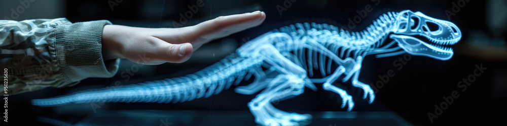 Poster a child reaches out to touch a holographic dinosaur skeleton, highlighting interactive learning tech