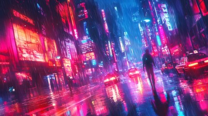 A cyberpunk street scene with neon lights reflecting off rain-soaked roads in a futuristic city