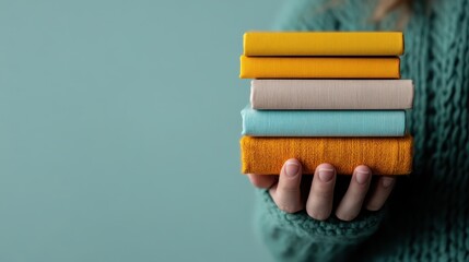 A person holds a stack of brightly colored books, featuring hues of yellow, beige, blue, and orange, against a teal background, symbolizing knowledge and diversity in learning.
