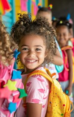 Excited Diverse Group of Children Arriving at School on the First Day with Colorful Backpacks in New Outfits During Morning