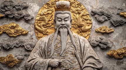 Stucco mural of the Jade Emperor overseeing a celestial gathering, with gold and grey clouds surrounding him in a traditional Chinese setting