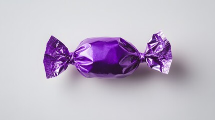 A purple candy, wrapped in foil, placed on a table with a white background. Top view, product photography, studio lighting, bright environment,