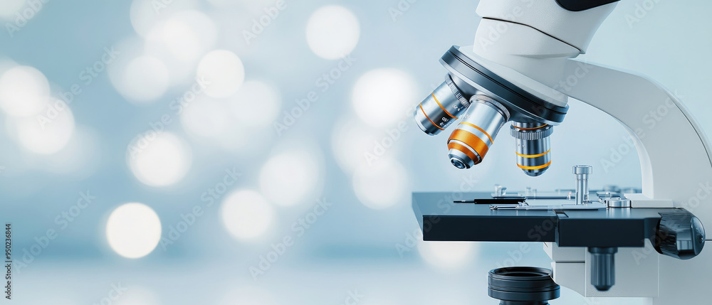 Poster advanced microscope with multiple objective lenses, set against a softly blurred blue background, sy