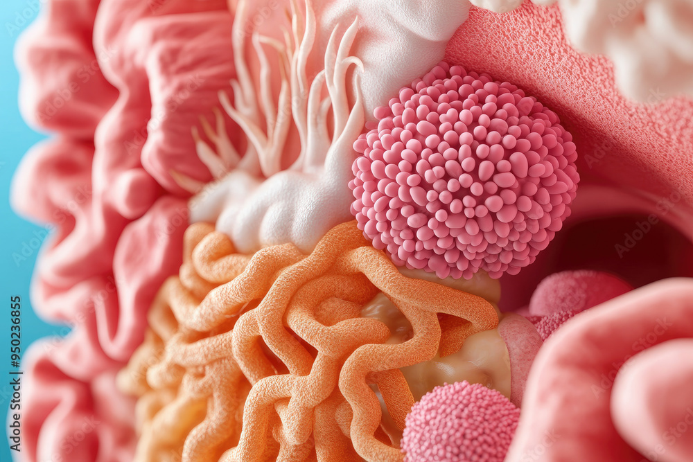 Poster intricate cellular landscape showcasing vibrant textures and shapes of biological forms, highlightin