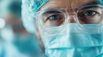 A healthcare professional dressed in surgical attire, focusing intently within an operating room environment, representing dedication and precision in medical procedures.