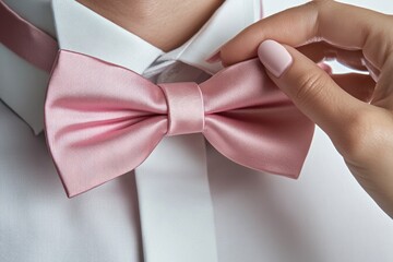 a person with pink tie, woman's hand is trying to fix the tie., 