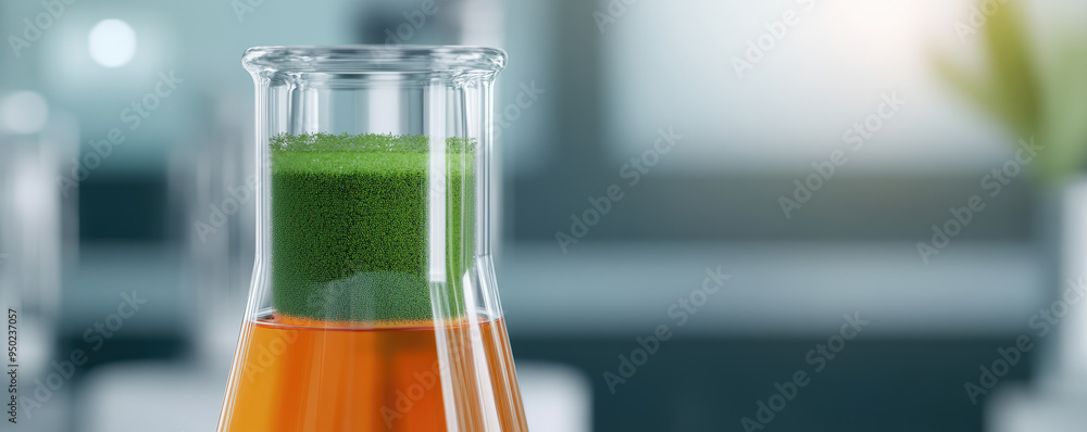 Aufkleber vibrant laboratory experiment showcasing a flask filled with orange liquid, topped by a layer of bri