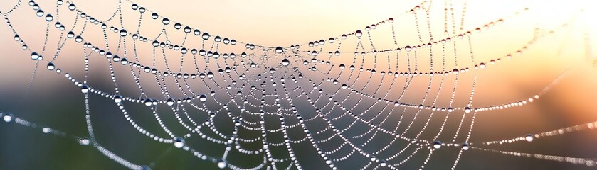 Intricate water droplets on a spiderweb in nature, Water droplets on spiderweb, delicate beauty